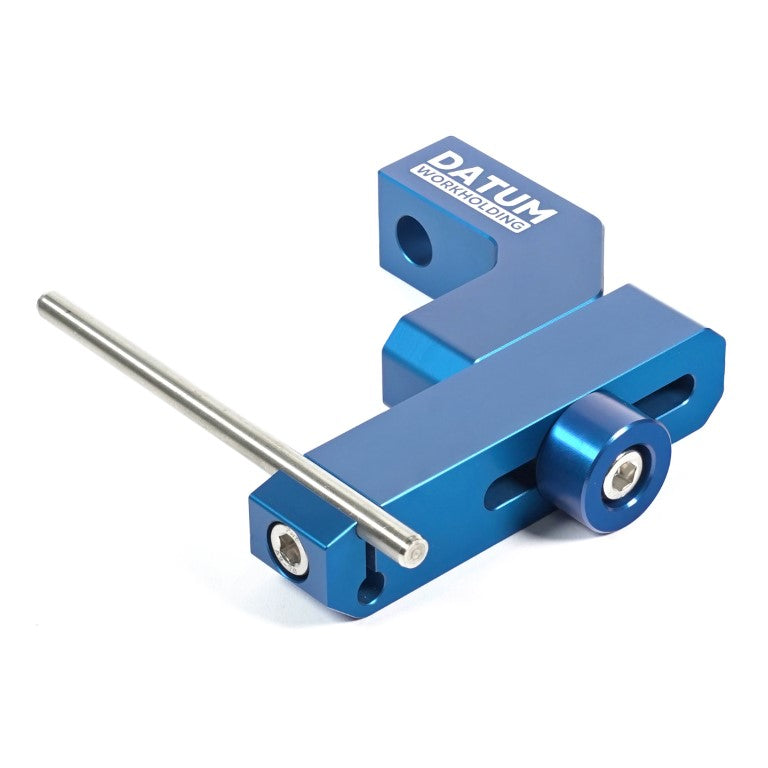 A blue anodised work stop designed for use with a 4 inch vice, featuring an adjustable stainless steel stop pin.